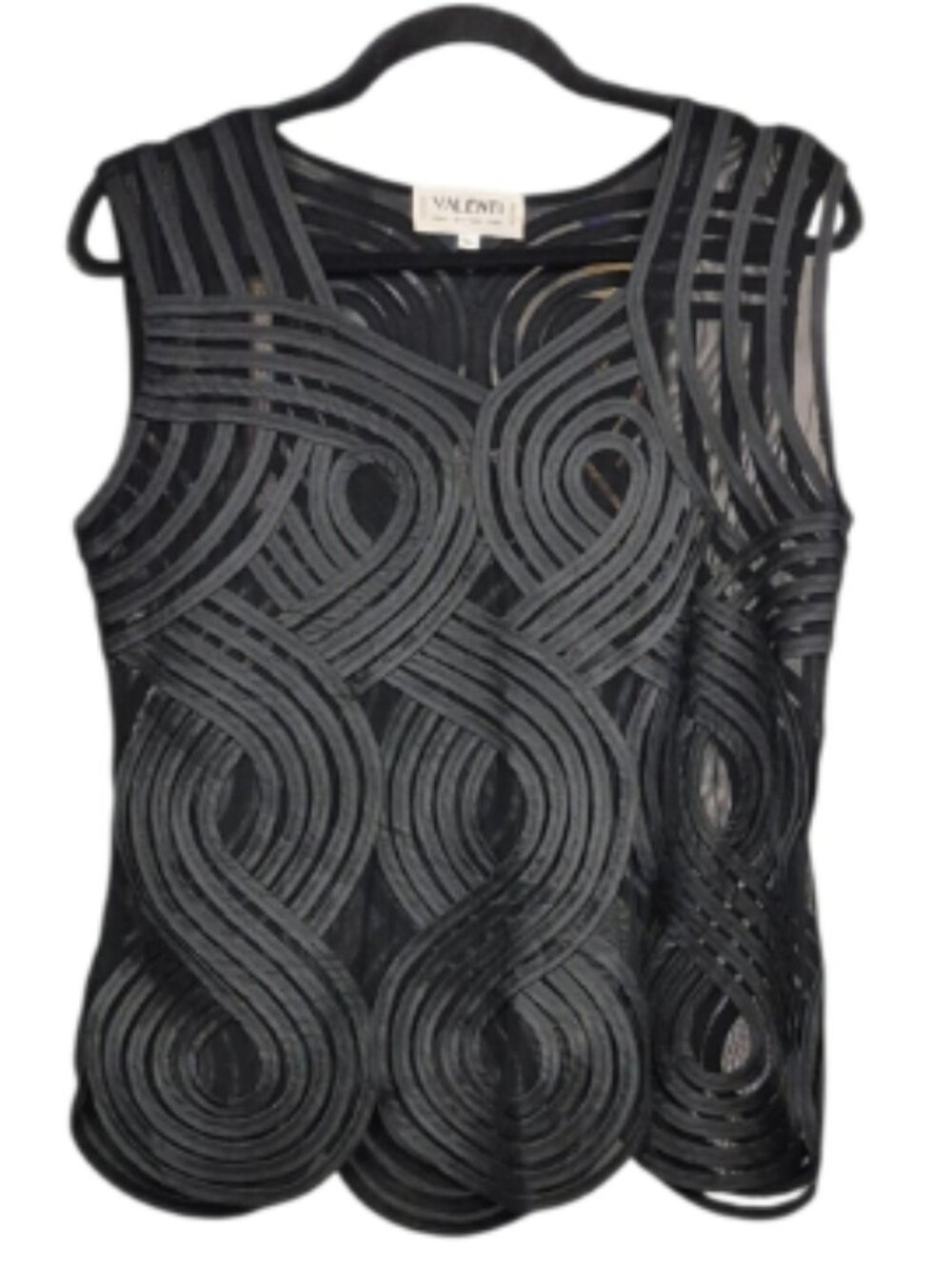 Vintage Valenti Top Women's XL Black Sculptural Sleeveless Mesh Ribbon